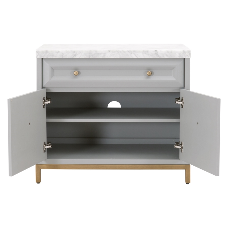 Pemberly Row Marble Top Wood Media Chest With Storage in Dove Gray