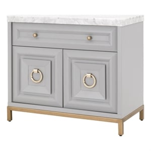Pemberly Row Marble Top Wood Media Chest With Storage in Dove Gray