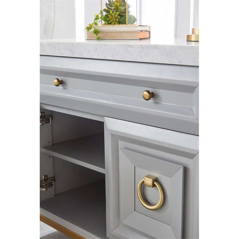 Pemberly Row Marble Top Wood Media Chest With Storage in Dove Gray