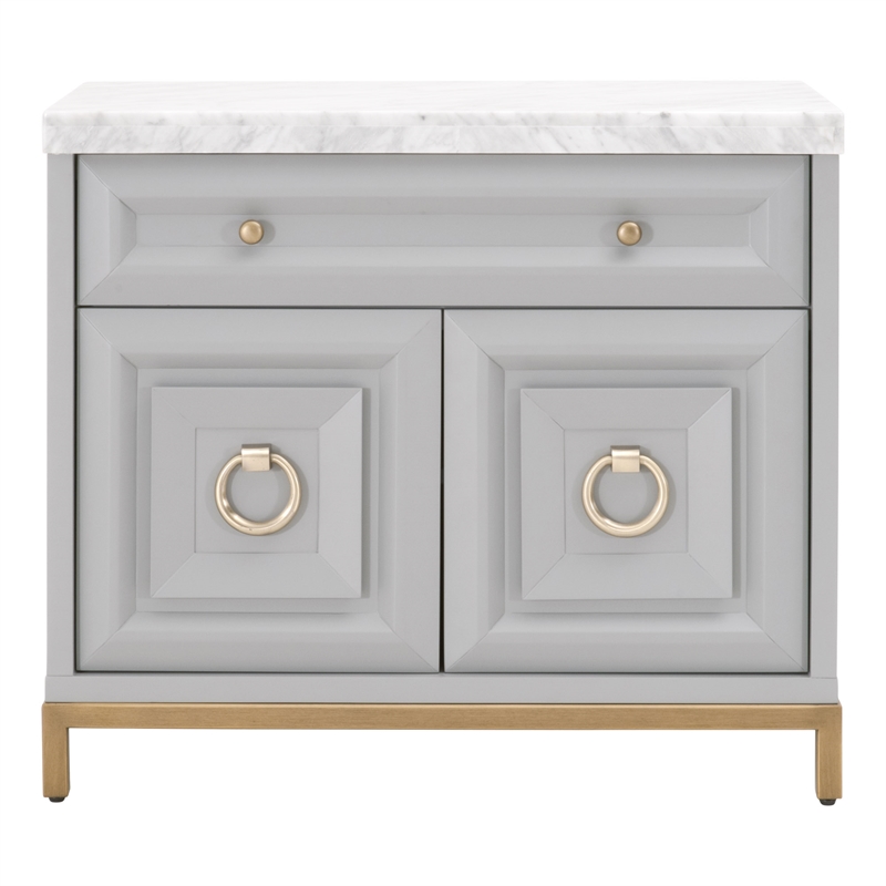 Pemberly Row Marble Top Wood Media Chest With Storage in Dove Gray