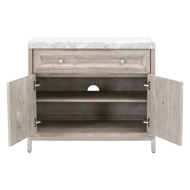 Pemberly Row Marble Top Wood Media Chest With Storage in Natural Gray