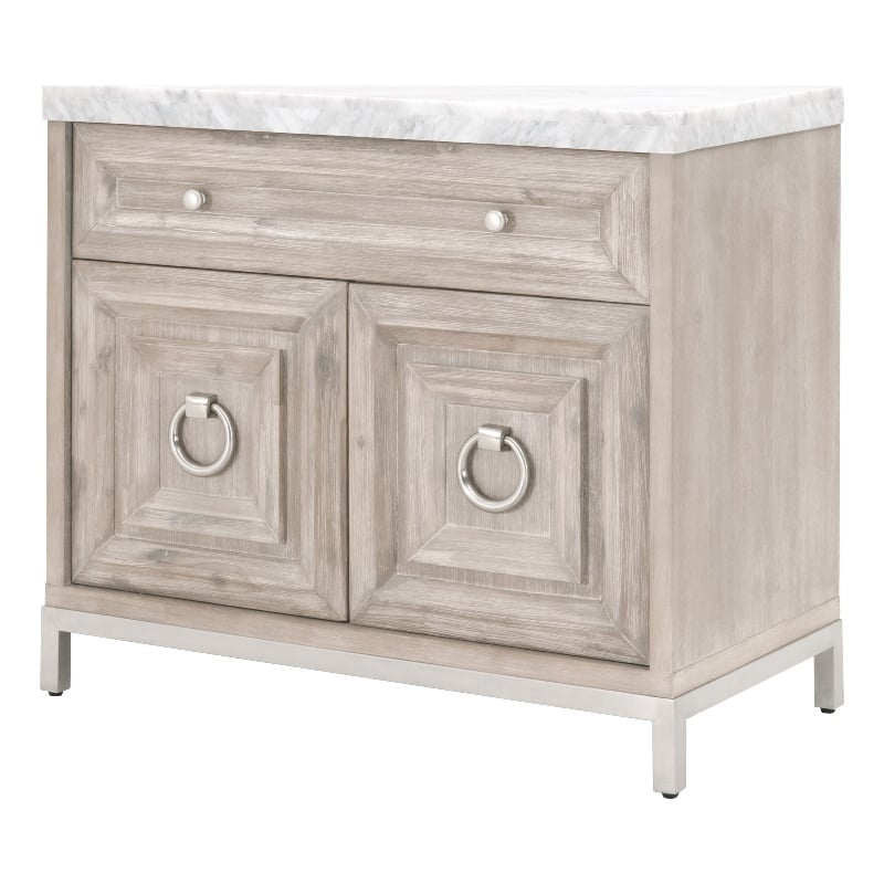 Pemberly Row Marble Top Wood Media Chest With Storage in Natural Gray