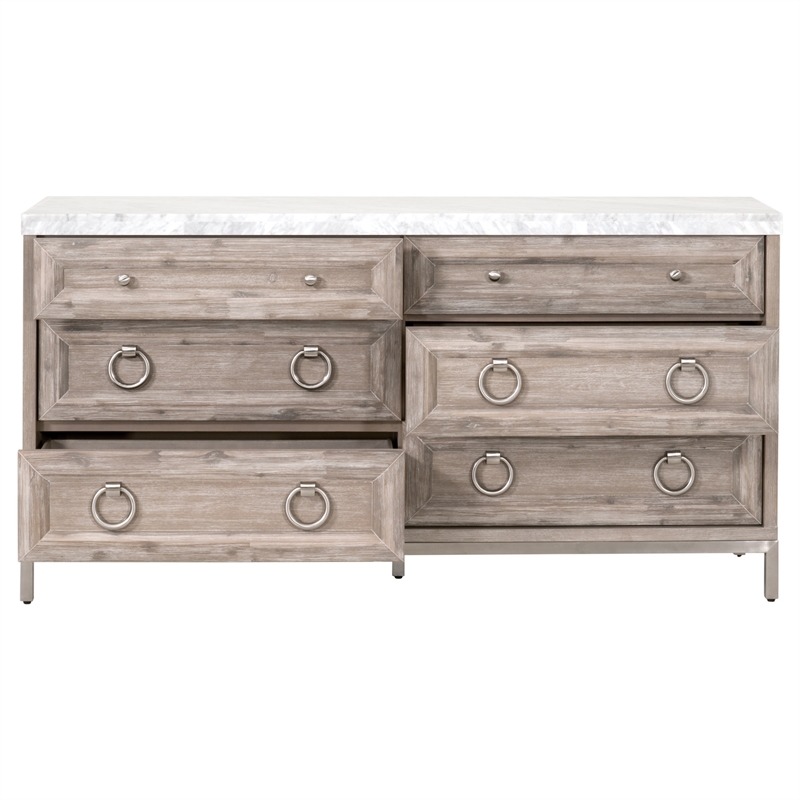 Pemberly Row Contemporary Marble Top 6-Drawer Wood Dresser in Gray