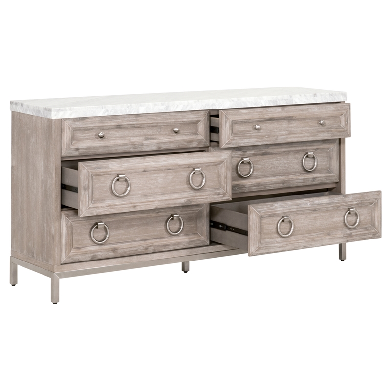 Pemberly Row Contemporary Marble Top 6-Drawer Wood Dresser in Gray
