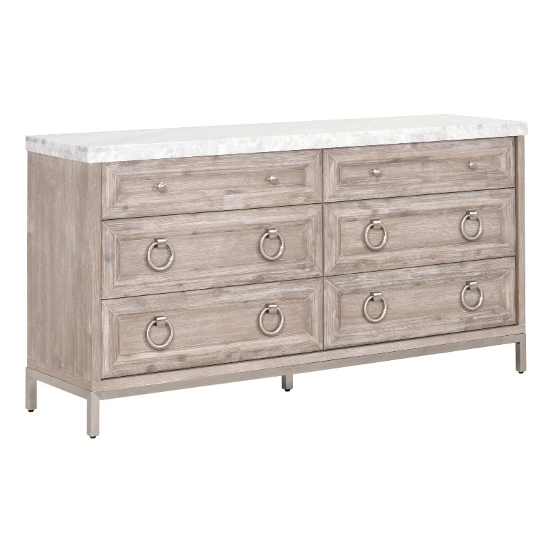 Pemberly Row Contemporary Marble Top 6-Drawer Wood Dresser in Gray