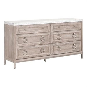 Pemberly Row Contemporary Marble Top 6-Drawer Wood Dresser in Gray
