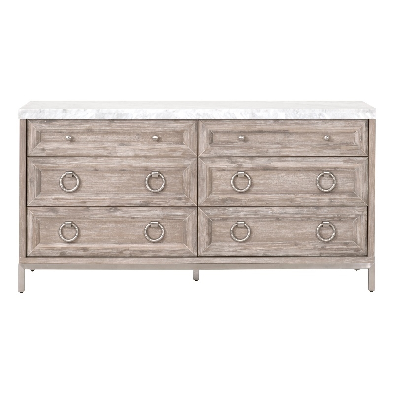 Pemberly Row Contemporary Marble Top 6-Drawer Wood Dresser in Gray