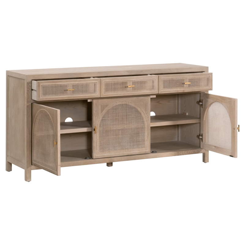 Pemberly Row Reclaimed Oak Cane Inlay Media Sideboard in Gray