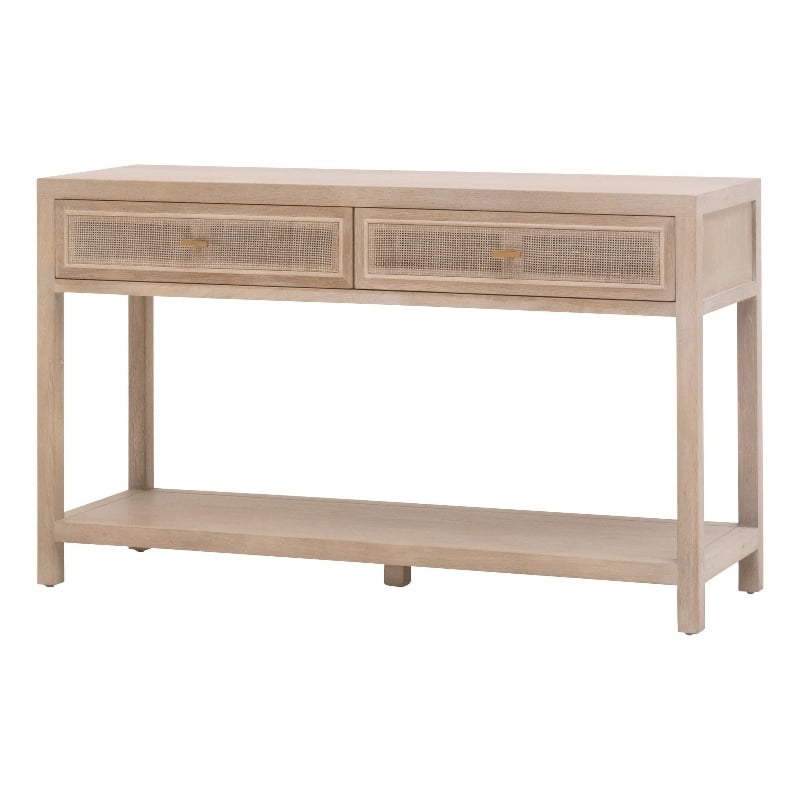 Pemberly Row Reclaimed Oak Cane Inlay Entry Console in Smoke Gray