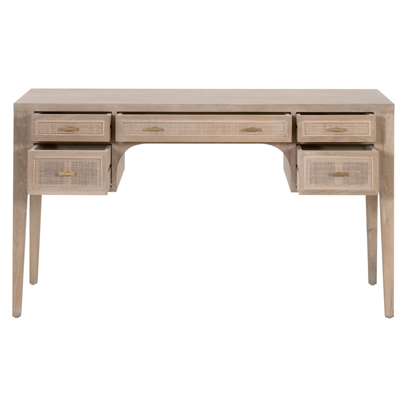 Pemberly Row 5-Drawer Reclaimed Oak Cane Inlay Desk in Smoke Gray