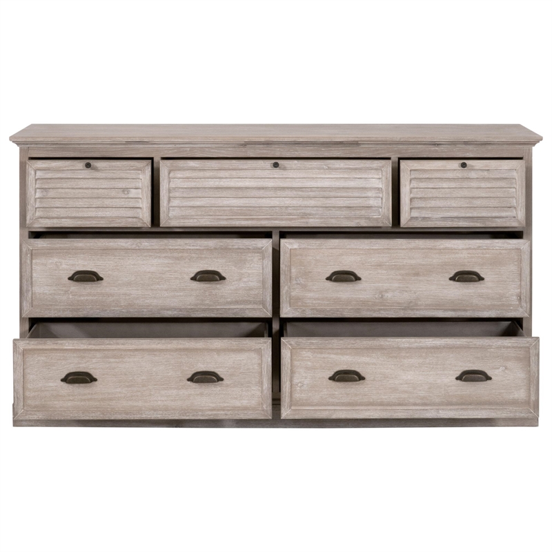Pemberly Row Contemporary 7-Drawer Acacia Wood Media Dresser in Gray