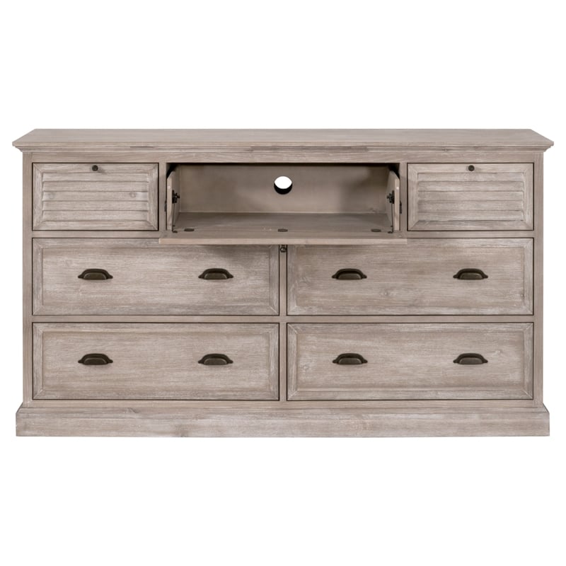 Pemberly Row Contemporary 7-Drawer Acacia Wood Media Dresser in Gray