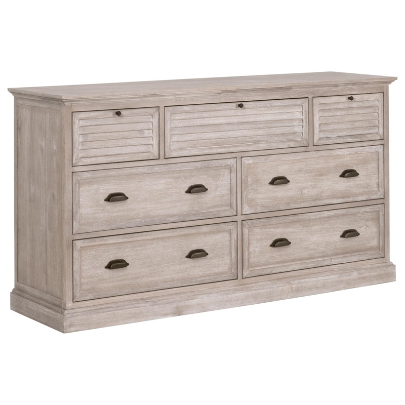 Pemberly Row Contemporary 7-Drawer Acacia Wood Media Dresser in Gray