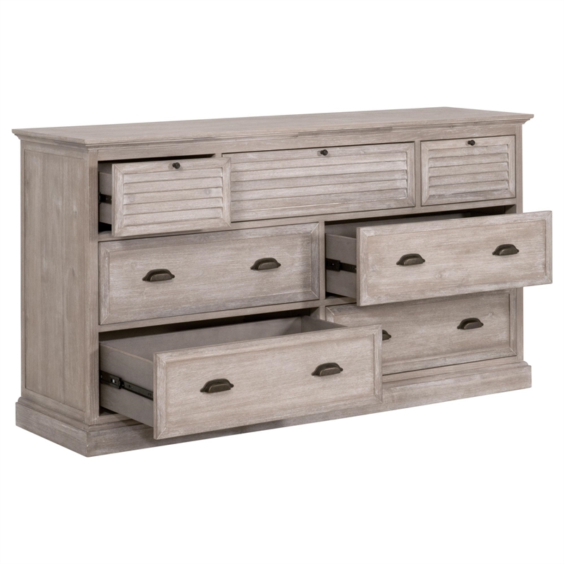 Pemberly Row Contemporary 7-Drawer Acacia Wood Media Dresser in Gray