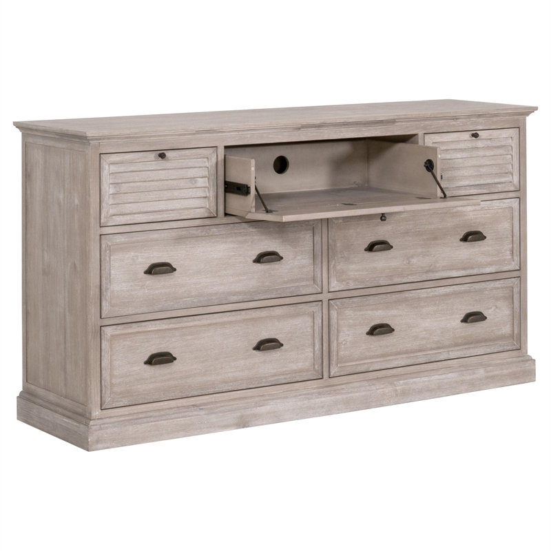 Pemberly Row Contemporary 7-Drawer Acacia Wood Media Dresser in Gray