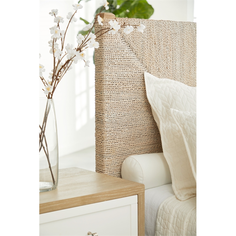 Pemberly Row Contemporary Abaca Rope Cal King Bed in Off White/Gray