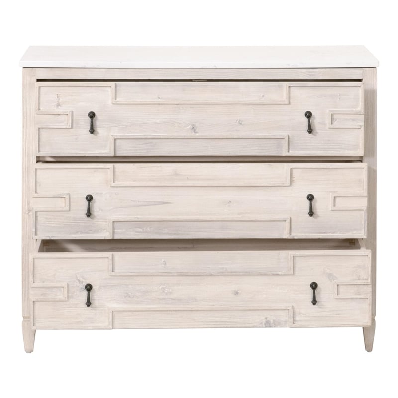 Pemberly Row Quartz Top 3-Drawer Reclaimed Pine Entry Cabinet in White