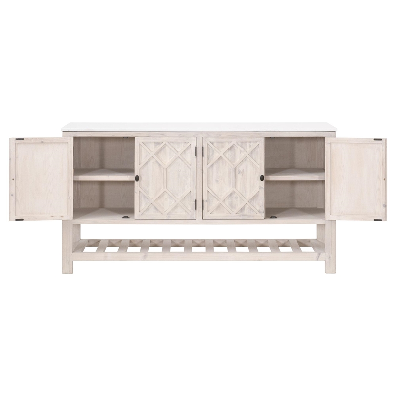 Pemberly Row Quartz Top Pine Media Sideboard With Storage in White