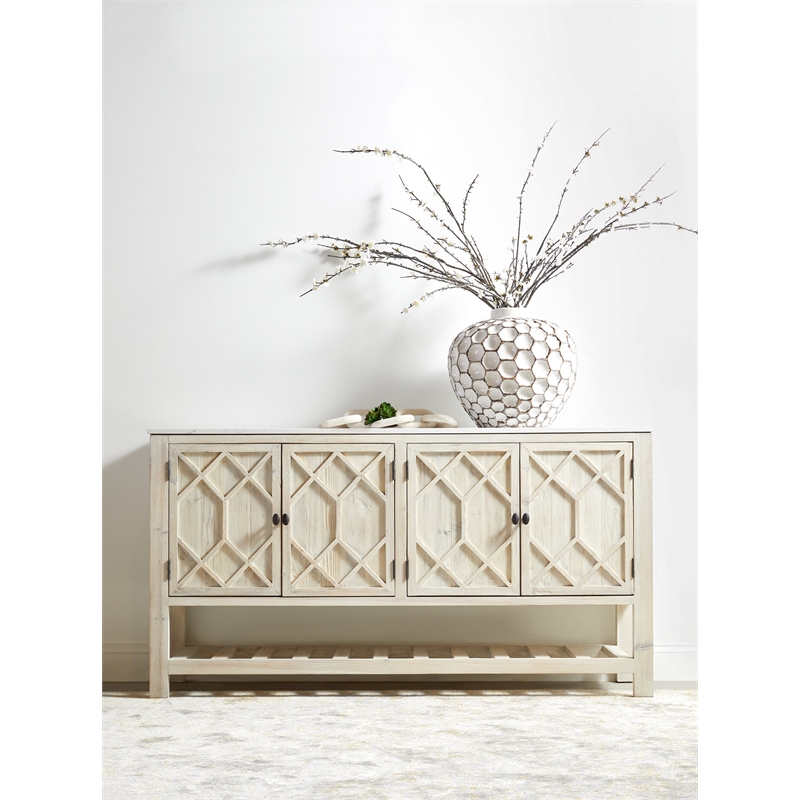 Pemberly Row Quartz Top Pine Media Sideboard With Storage in White