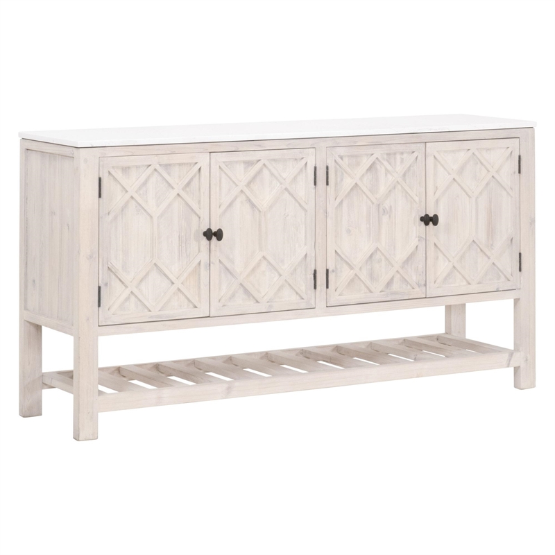 Pemberly Row Quartz Top Pine Media Sideboard With Storage in White