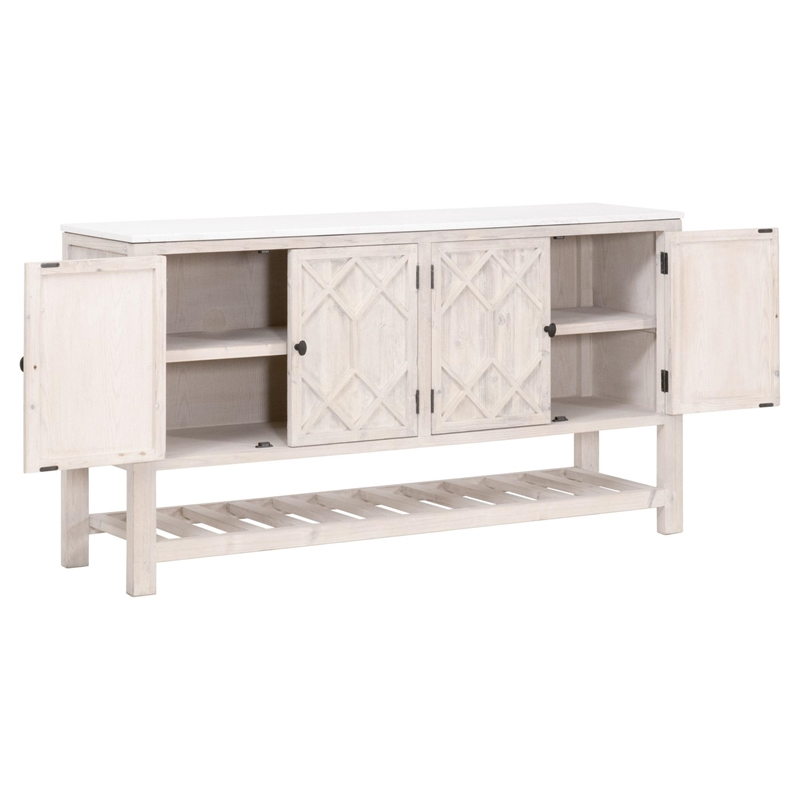 Pemberly Row Quartz Top Pine Media Sideboard With Storage in White