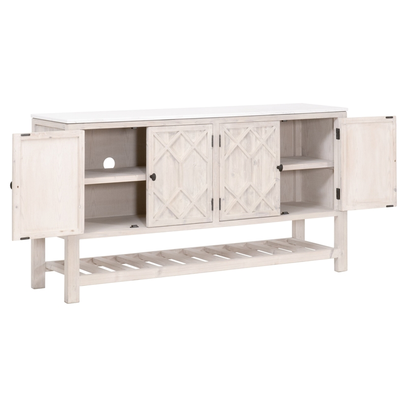 Pemberly Row Quartz Top Pine Media Sideboard With Storage in White