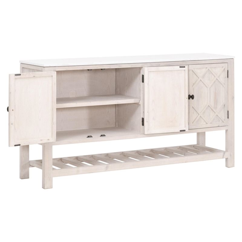 Pemberly Row Quartz Top Pine Media Sideboard With Storage in White