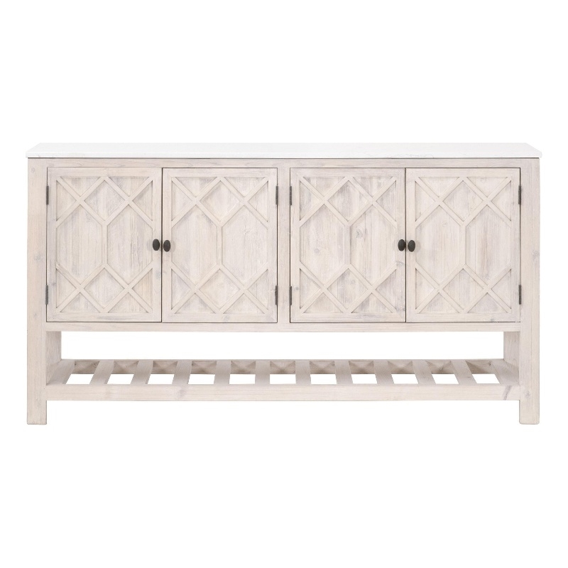 Pemberly Row Quartz Top Pine Media Sideboard With Storage in White