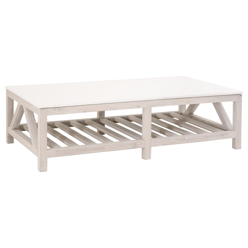 Pemberly Row Quartz Top Reclaimed Pine Trestle Coffee Table in White