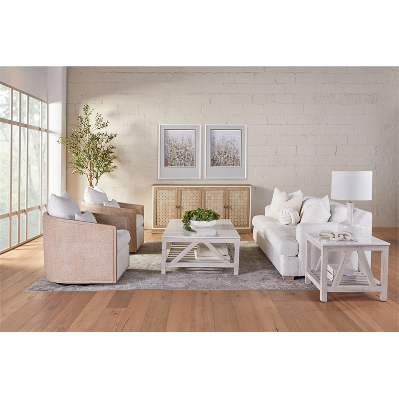 Pemberly Row Quartz Top Reclaimed Pine Trestle Coffee Table in White