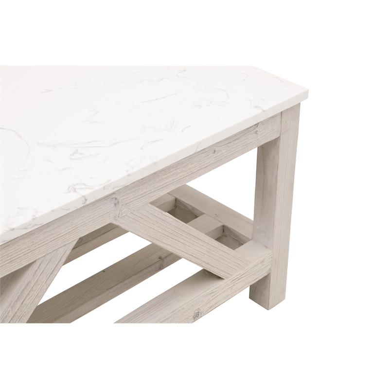Pemberly Row Quartz Top Reclaimed Pine Trestle Coffee Table in White