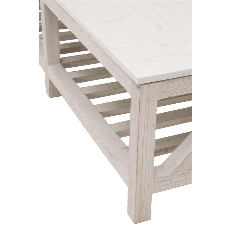 Pemberly Row Quartz Top Reclaimed Pine Trestle Coffee Table in White