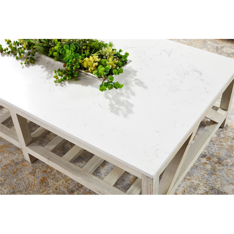 Pemberly Row Quartz Top Reclaimed Pine Trestle Coffee Table in White