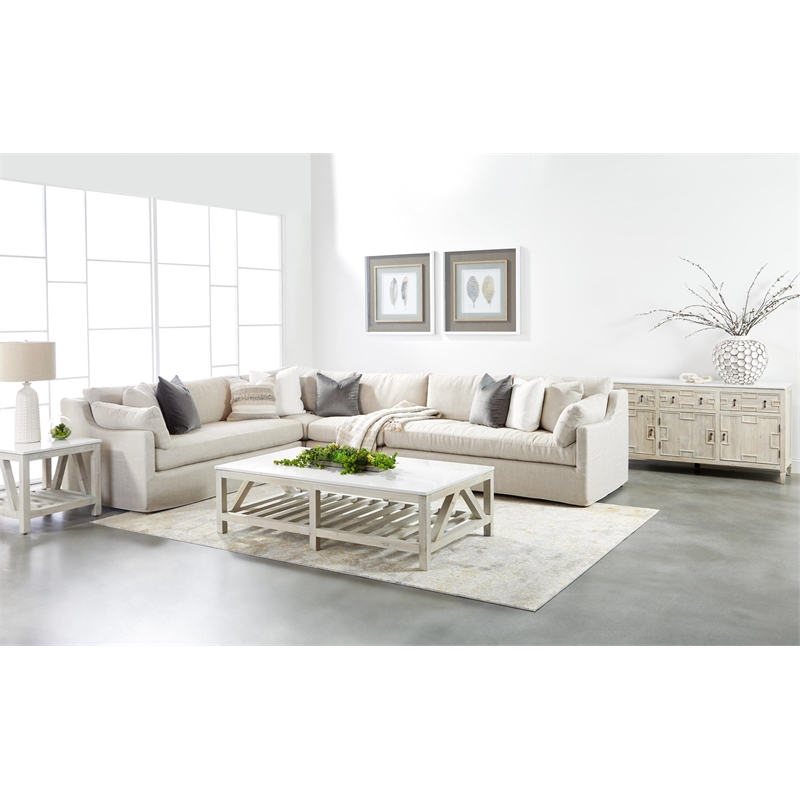 Pemberly Row Quartz Top Reclaimed Pine Trestle Coffee Table in White