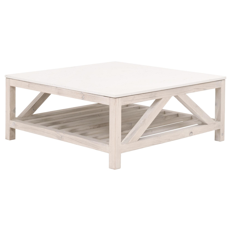 Pemberly Row Quartz Top Square Pine Trestle Coffee Table in White