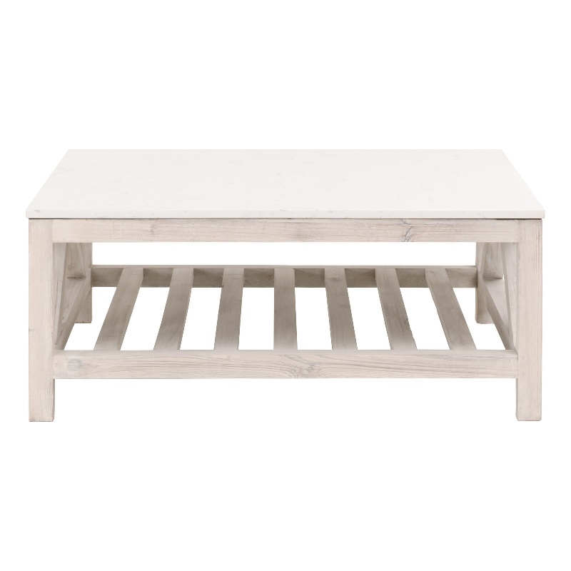 Pemberly Row Quartz Top Square Pine Trestle Coffee Table in White