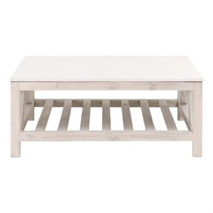 Pemberly Row Quartz Top Square Pine Trestle Coffee Table in White