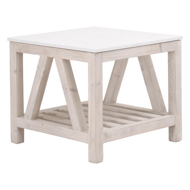 Pemberly Row Quartz Top Reclaimed Pine Trestle End Table in White