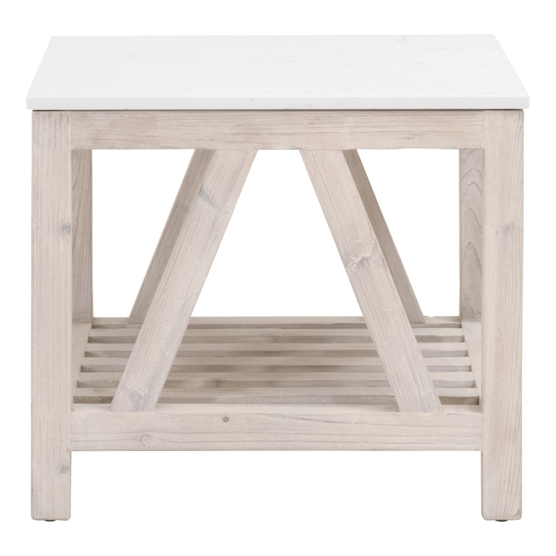 Pemberly Row Quartz Top Reclaimed Pine Trestle End Table in White