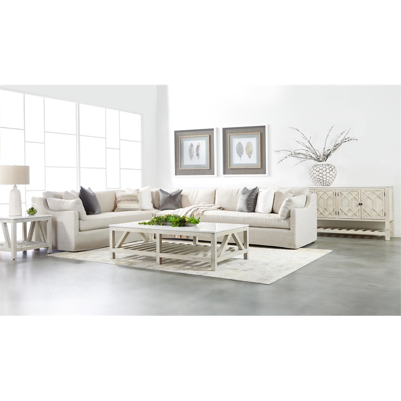 Pemberly Row Quartz Top Reclaimed Pine Trestle End Table in White