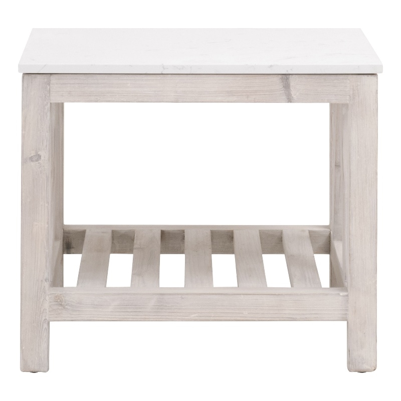 Pemberly Row Quartz Top Reclaimed Pine Trestle End Table in White