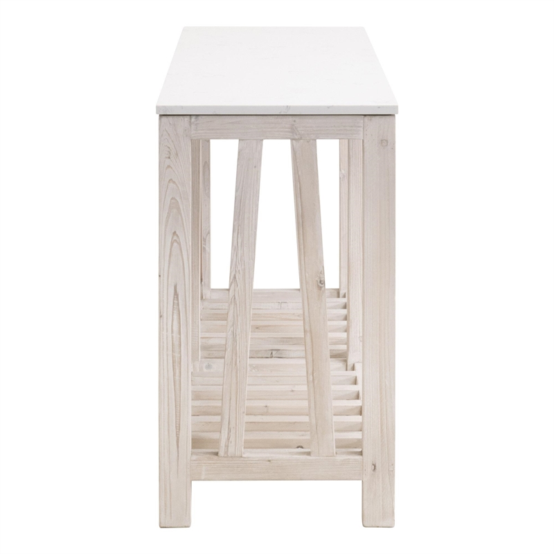 Pemberly Row Quartz Top Reclaimed Pine Trestle Console Table in White