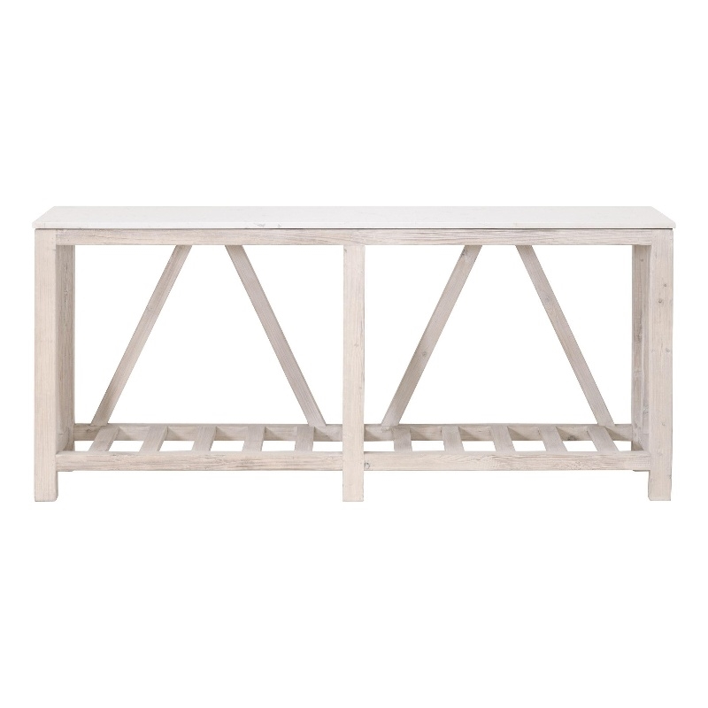 Pemberly Row Quartz Top Reclaimed Pine Trestle Console Table in White