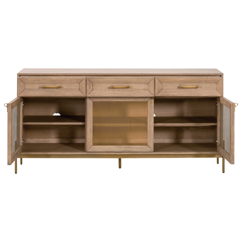 Pemberly Row 3-Drawer Mesh Front Wood Media Sideboard in Honey Oak