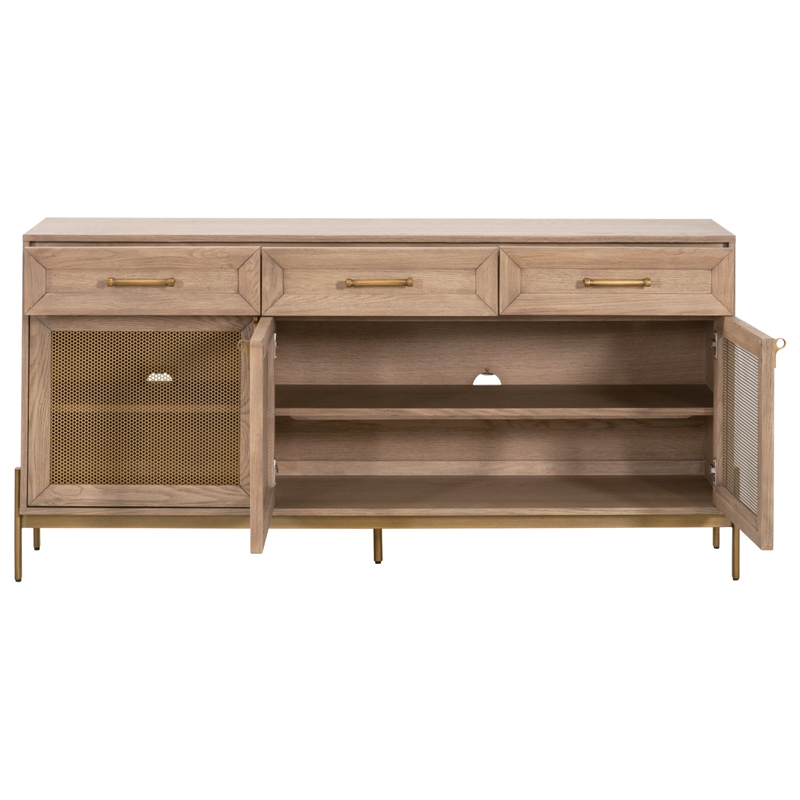 Pemberly Row 3-Drawer Mesh Front Wood Media Sideboard in Honey Oak
