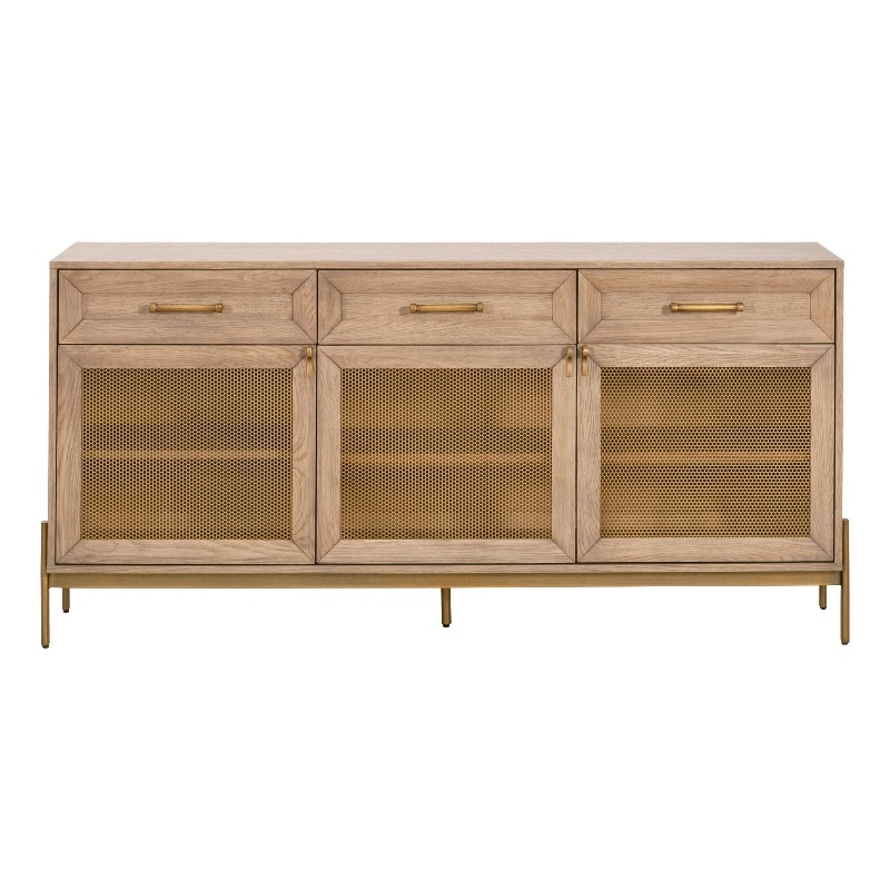 Pemberly Row 3-Drawer Mesh Front Wood Media Sideboard in Honey Oak