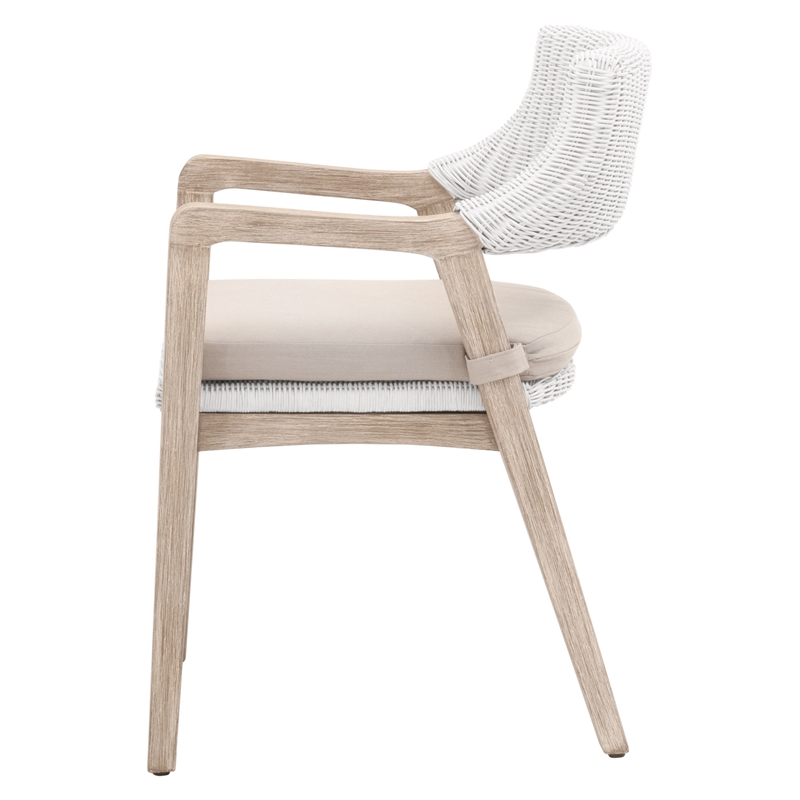 Pemberly Row Rattan Woven Mahogany Arm Chair in White/Light Gray