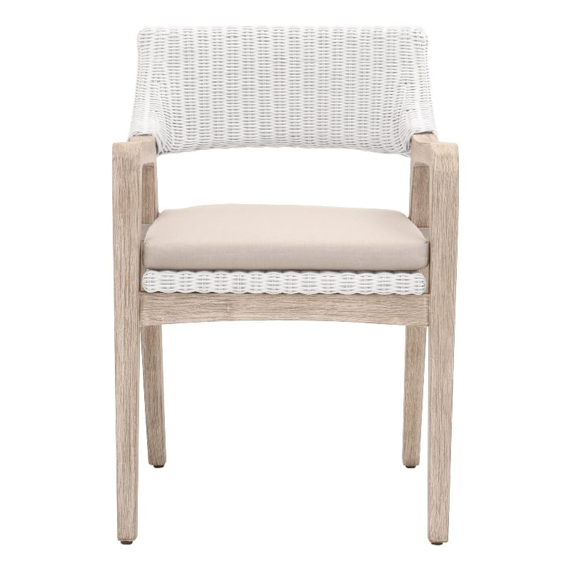 Pemberly Row Rattan Woven Mahogany Arm Chair in White/Light Gray