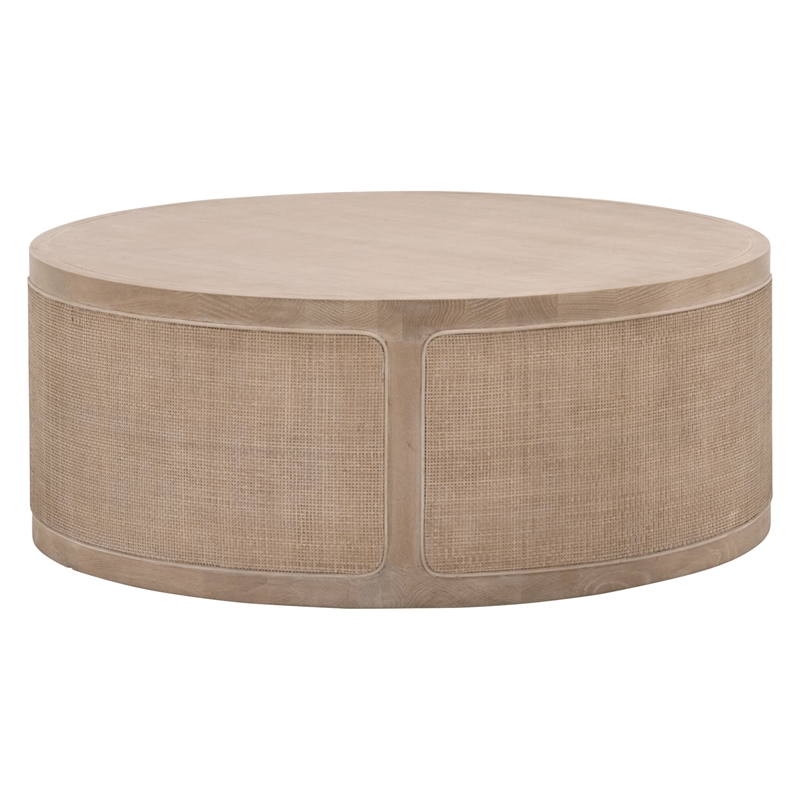 Pemberly Row Round Reclaimed Oak Cane Inlay Coffee Table in Gray