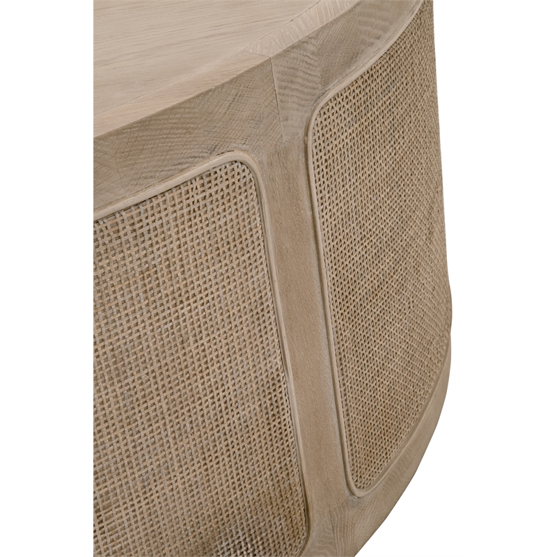 Pemberly Row Round Reclaimed Oak Cane Inlay Coffee Table in Gray